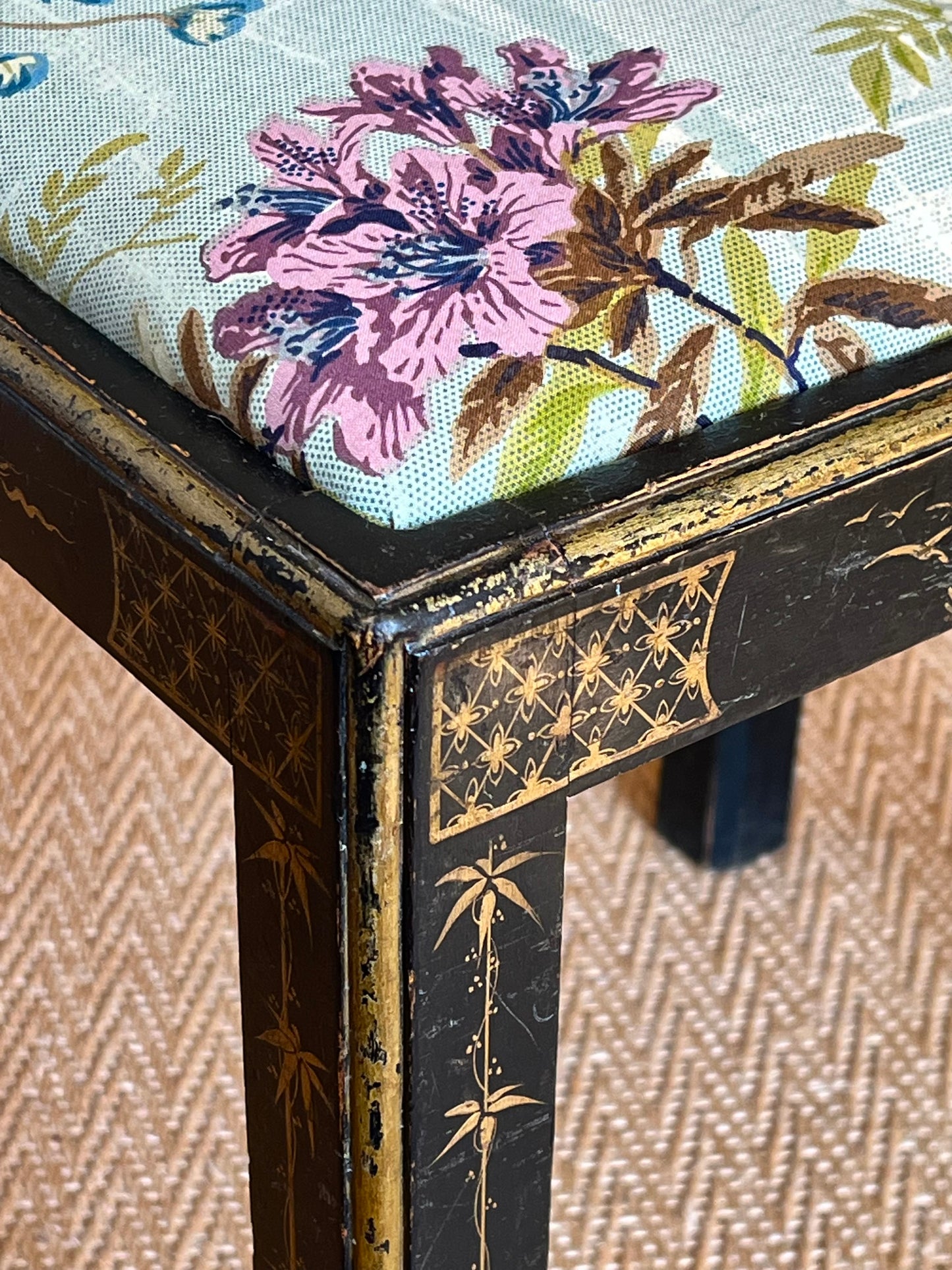 Early 20th Century Black Lacquer Chinoiserie Stool