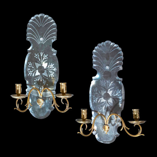 Pair of Queen Anne Style Etched Mirror Wall Lights