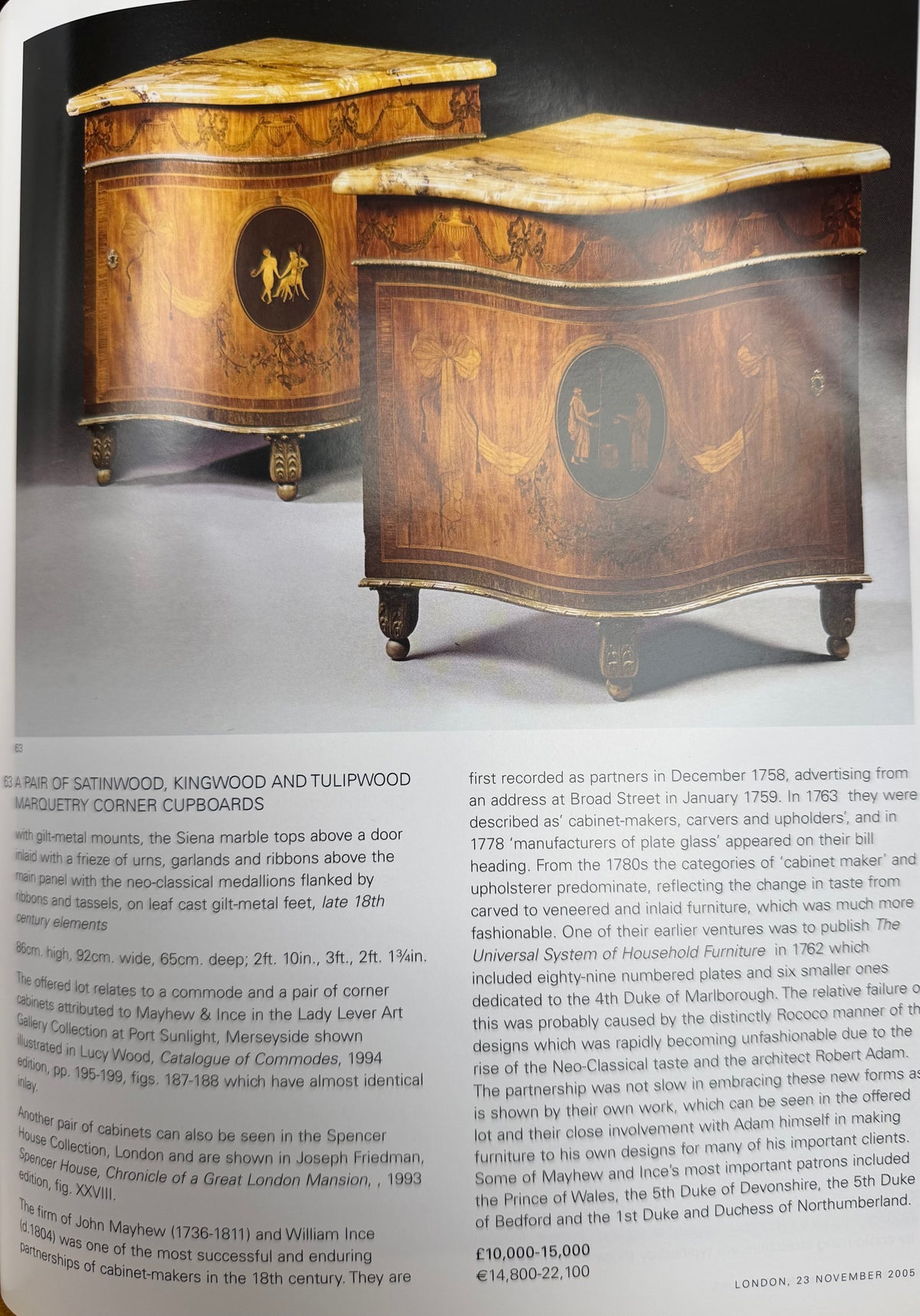 Neoclassical Satinwood Corner Cabinet with Siena Marble Top