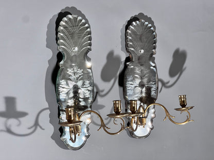 Pair of Queen Anne Style Etched Mirror Wall Lights