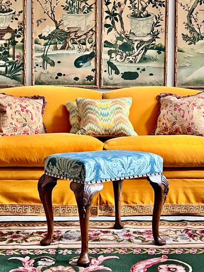 Early 20th Century Queen Anne Style Walnut Stool in Blue Damask