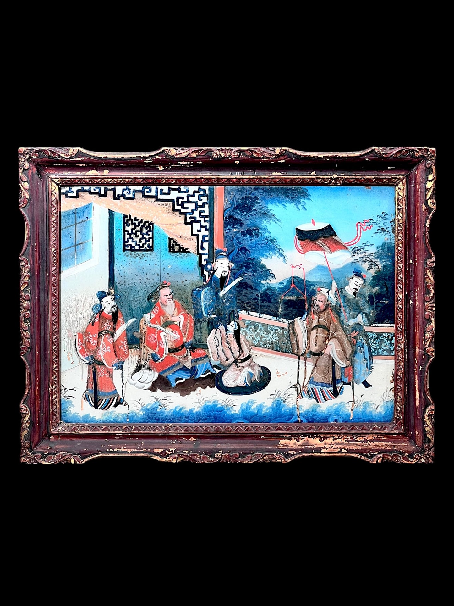 Large 19th Century Reverse Glass Painting in Its Original Frame