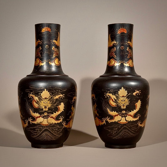 pair 19th century Chinese export black lacquer vases