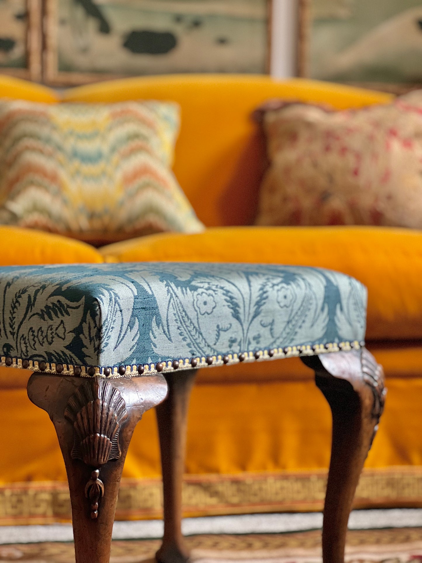 Early 20th Century Queen Anne Style Walnut Stool in Blue Damask