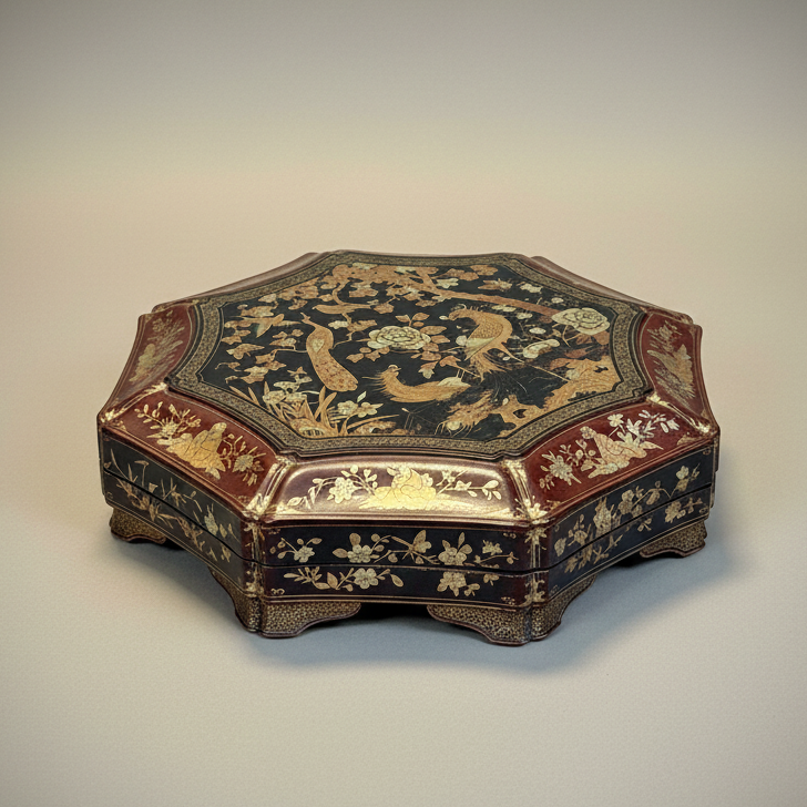 Large Early 19th Century Black and Red Lacquer Octagonal Chinoiserie Box