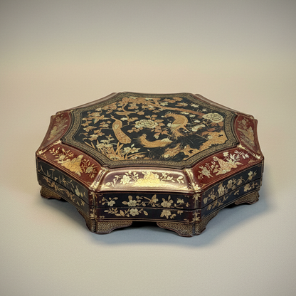 Large Early 19th Century Black and Red Lacquer Octagonal Chinoiserie Box