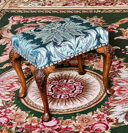 Early 20th Century Queen Anne Style Walnut Stool in Blue Damask