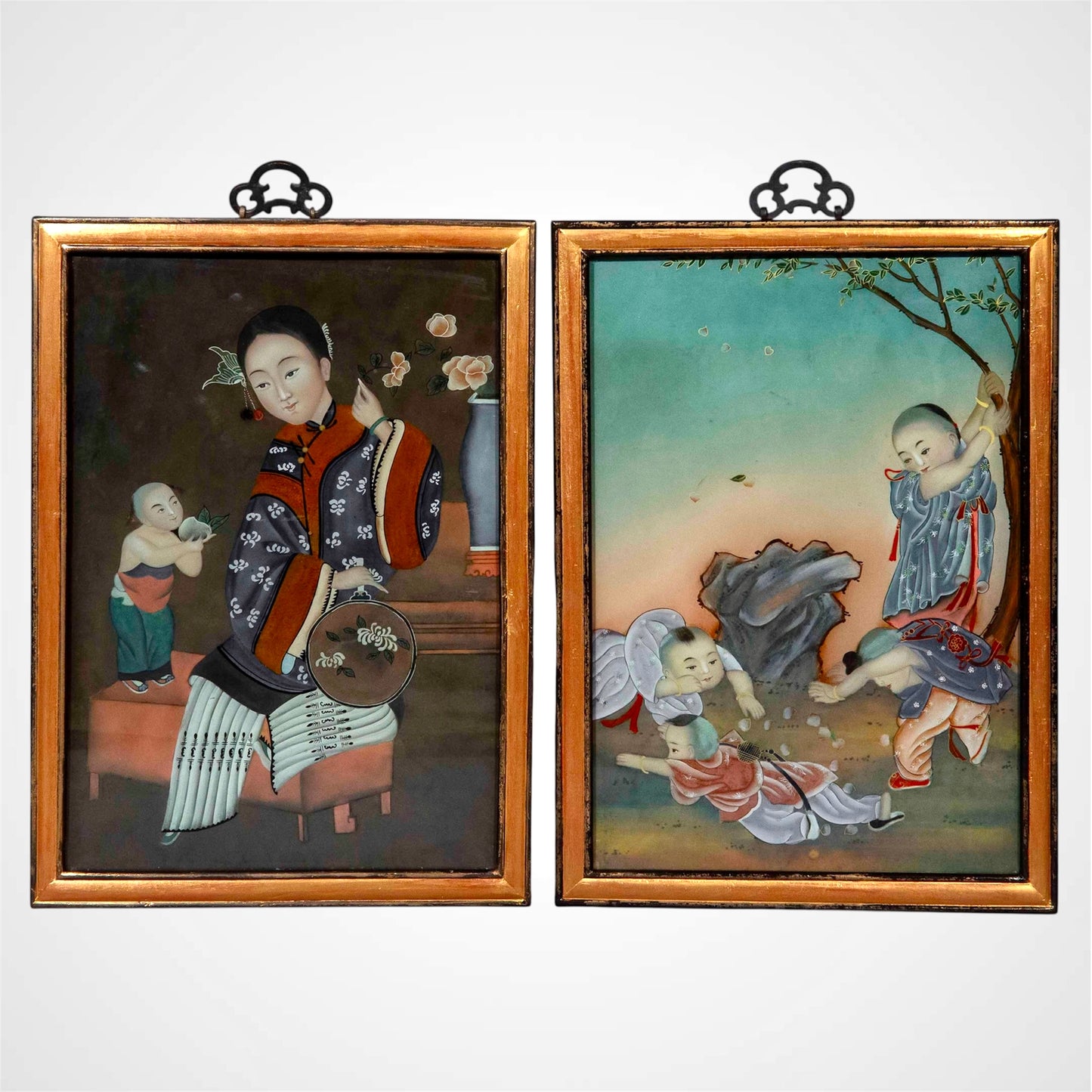 Pair of Early 20th Century Chinese Reverse Glass Paintings