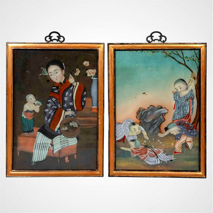Pair of Early 20th Century Chinese Reverse Glass Paintings