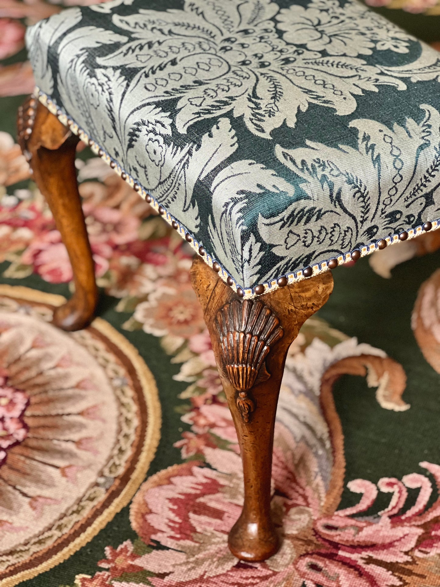 Early 20th Century Queen Anne Style Walnut Stool in Blue Damask