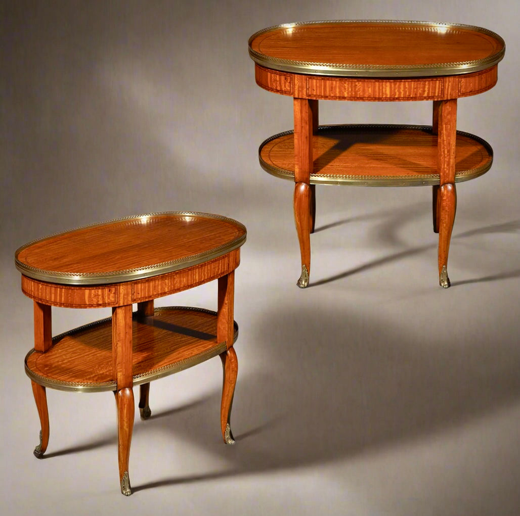 pair 19th century french satinwood oval lamp tables etageres 