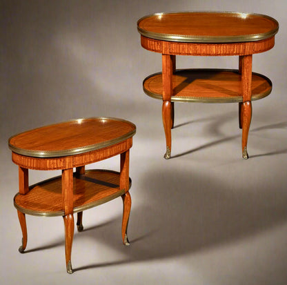 pair 19th century french satinwood oval lamp tables etageres 
