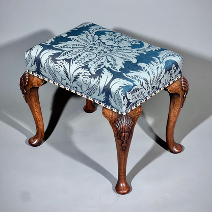 Early 20th Century Queen Anne Style Walnut Stool in Blue Damask