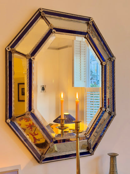 Early 20th Venetian Cobalt Blue Glass Border Octagonal Wall Mirror