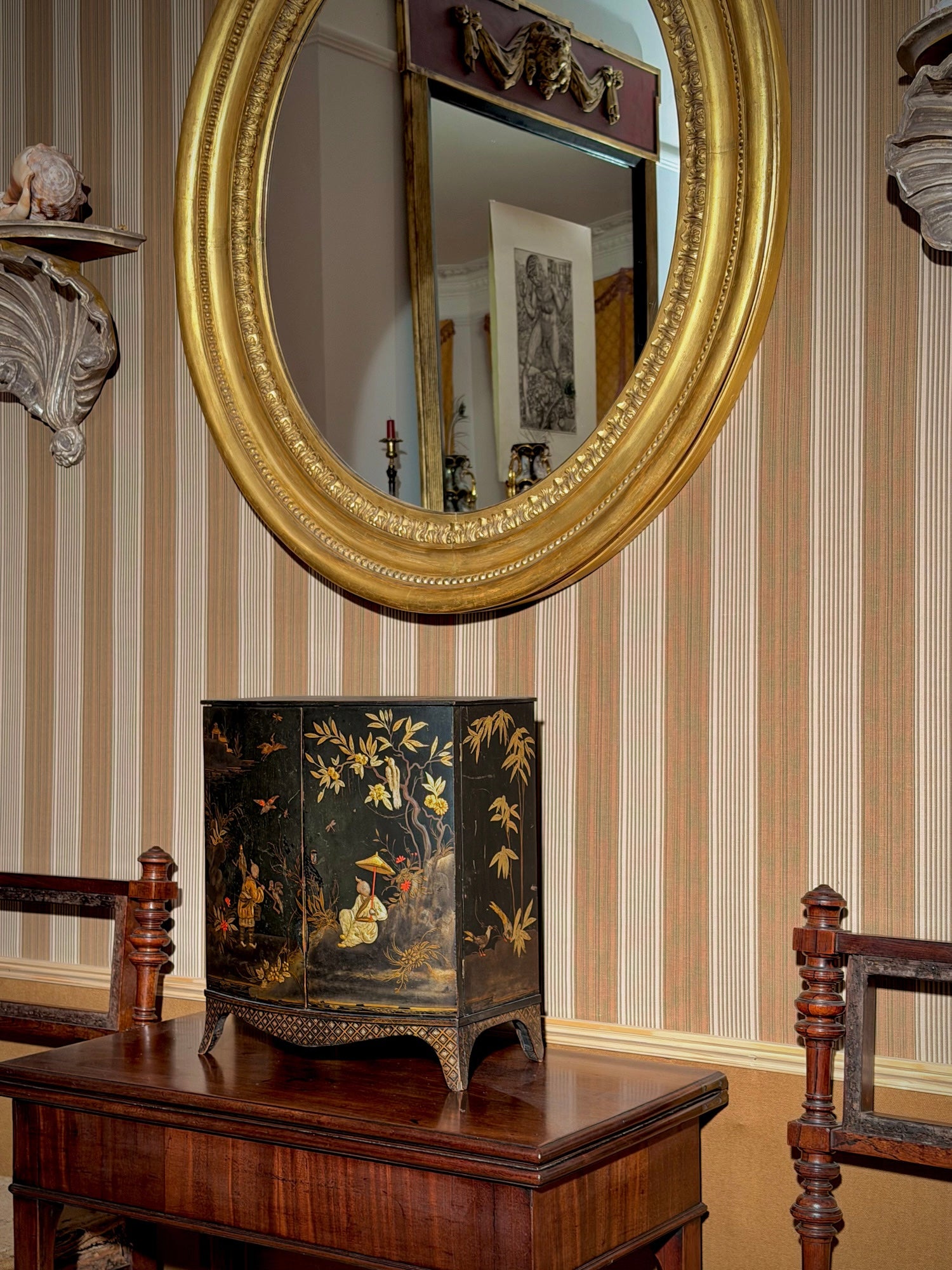 antique 18th century English Georgian side table, 19th century Regency miniature chinoiserie cabinet