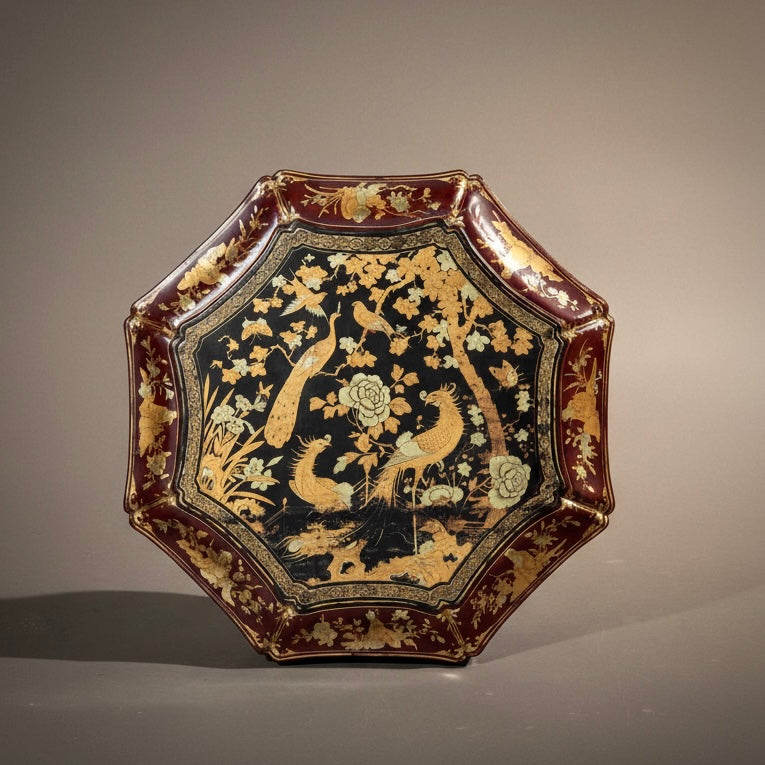 Large Early 19th Century Black and Red Lacquer Octagonal Chinoiserie Box