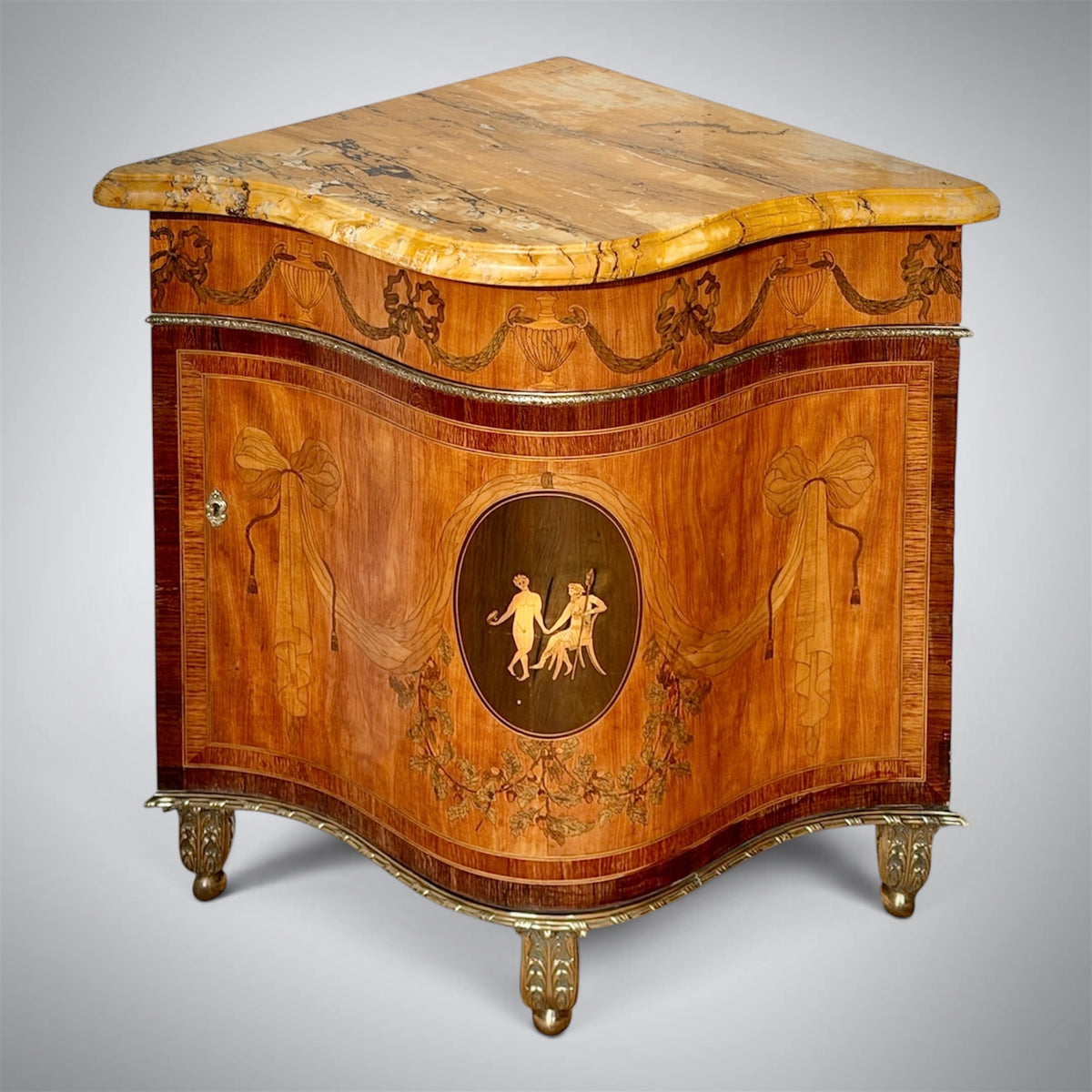 Neoclassical Satinwood Corner Cabinet with Siena Marble Top