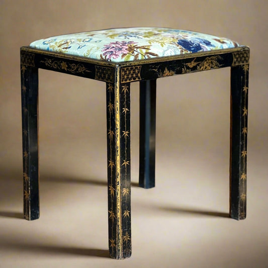 Early 20th Century Black Lacquer Chinoiserie Stool