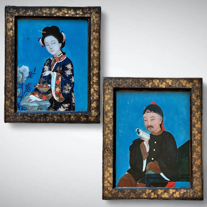 Fine Pair of 18th Century Chinese Reverse Glass Portraits