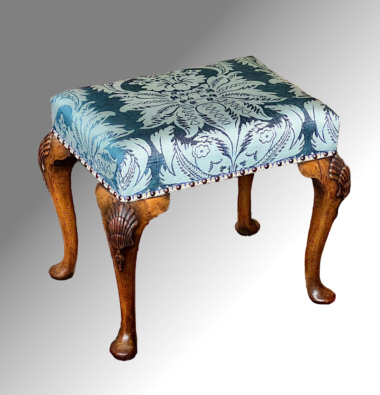 Early 20th Century Queen Anne Style Walnut Stool in Blue Damask