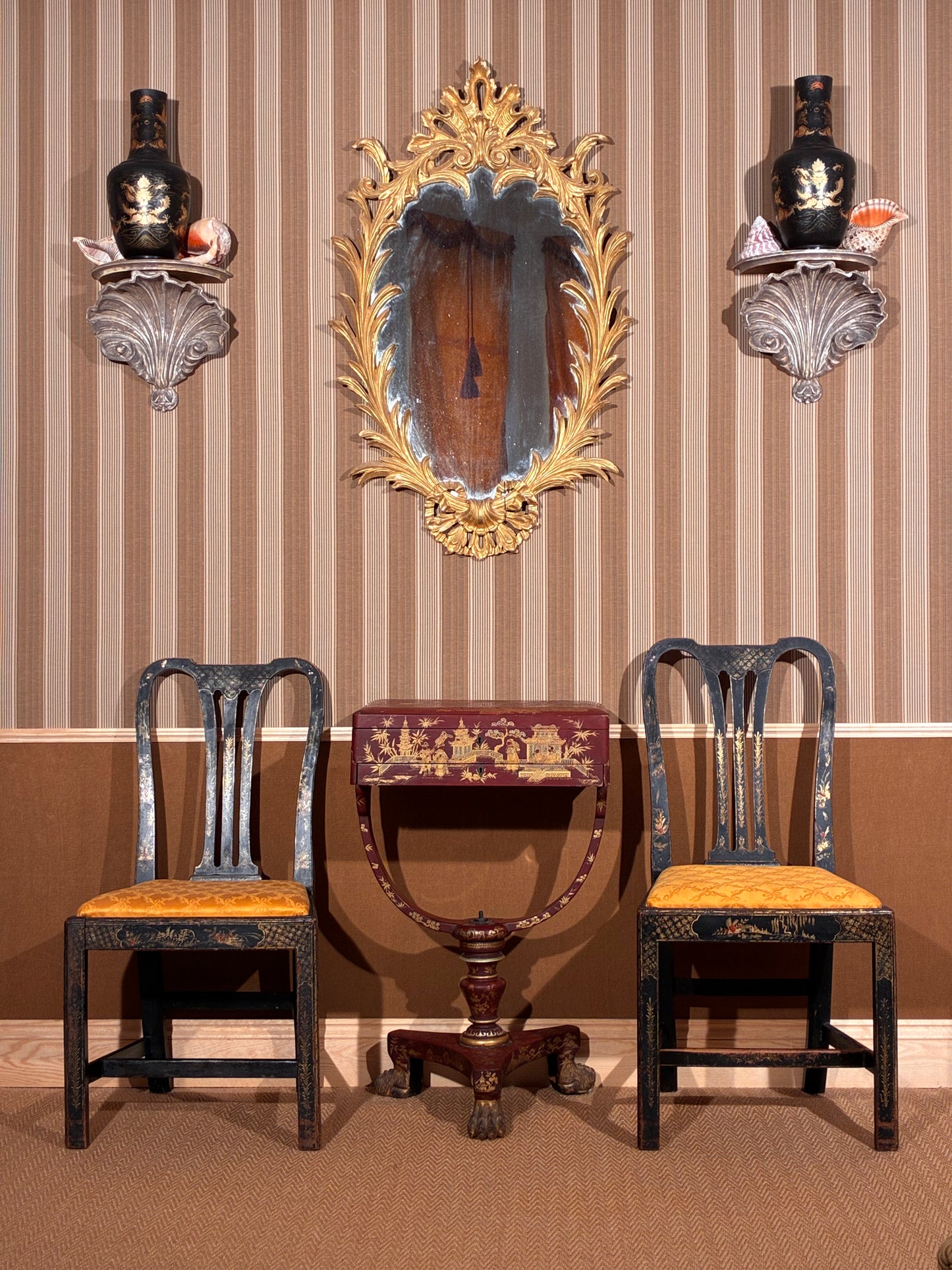 18th century black and gilt chinoiserie chairs, 19th century red lacquer chinoiserie table, 18th century chippendale style oval mirror