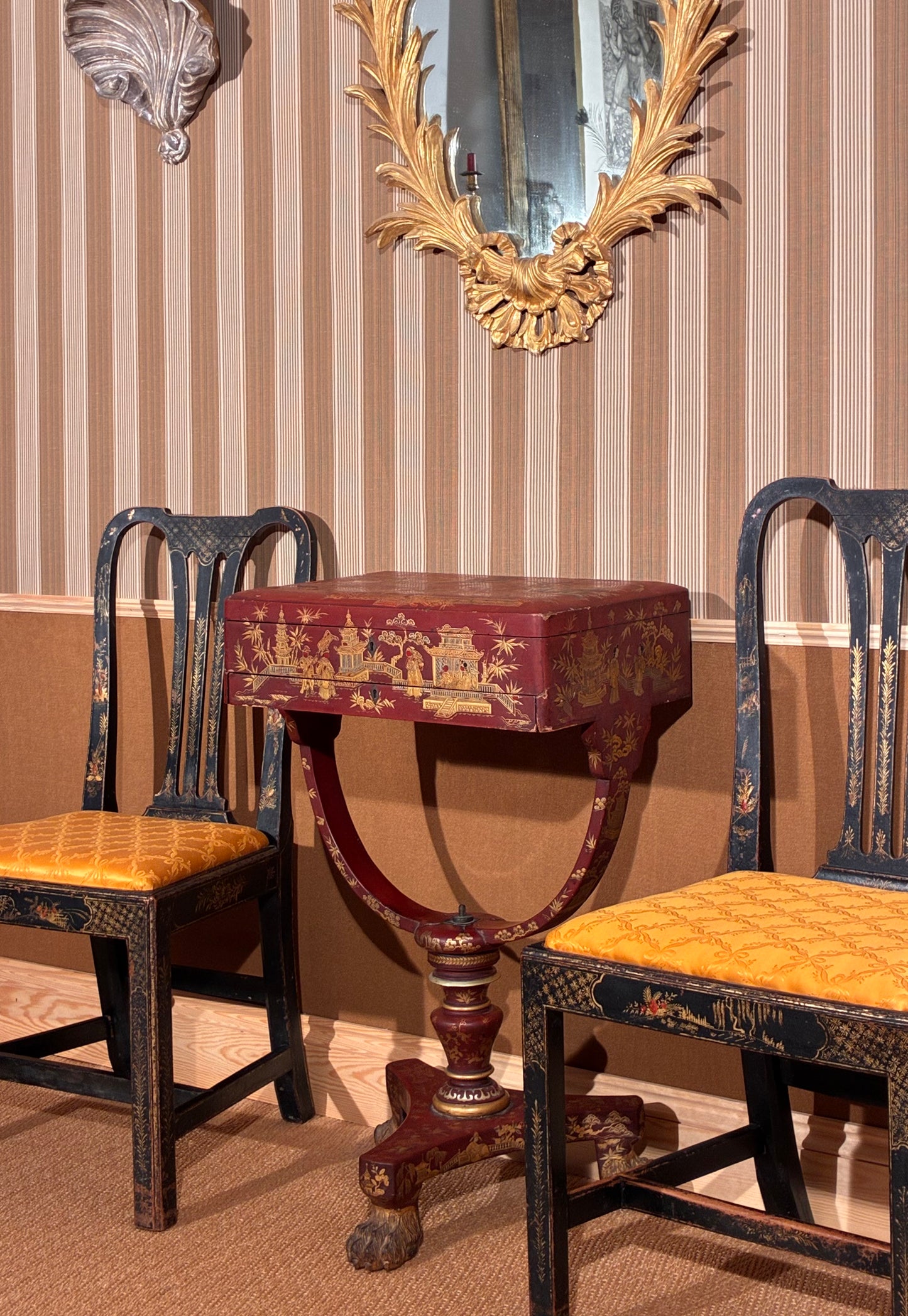 18th century black and gilt chinoiserie chairs, 19th century red lacquer chinoiserie table 