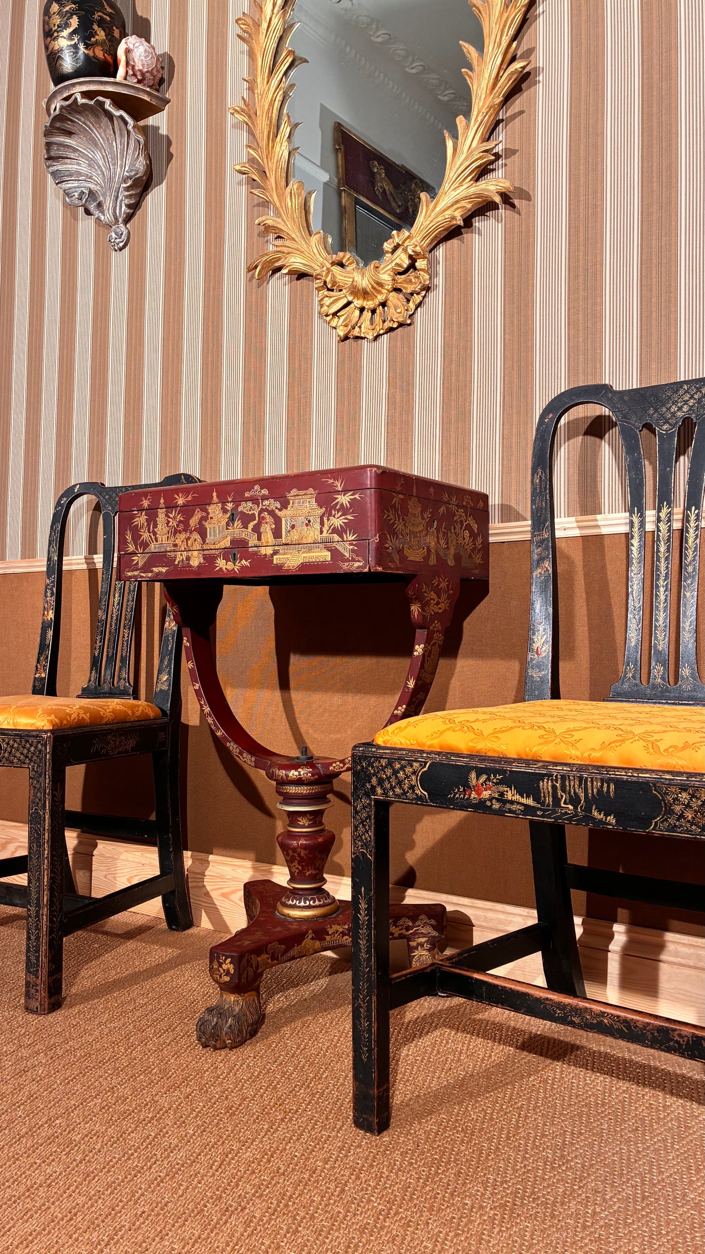 18th century black and gilt chinoiserie chairs, 19th century red lacquer chinoiserie table 