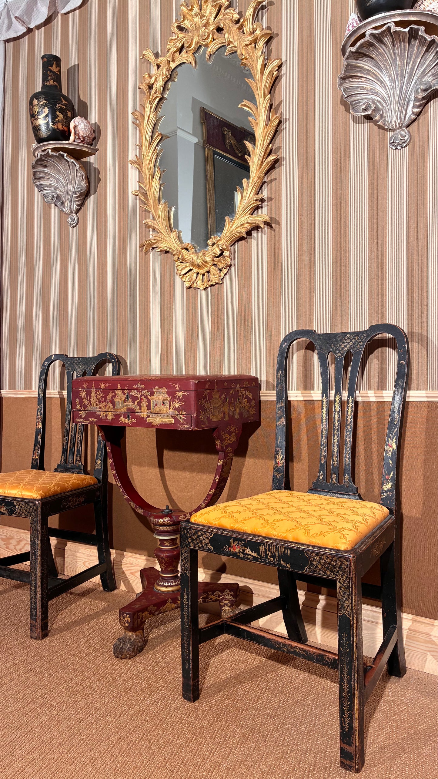 18th century black and gilt chinoiserie chairs, 19th century red lacquer chinoiserie table , pair 19th century Chinese export black lacquer vases, pair regency style silvered scallop wall brackets 