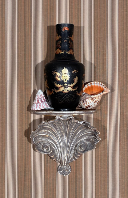 pair 19th century Chinese export black lacquer vases, pair regency style silvered scallop wall brackets