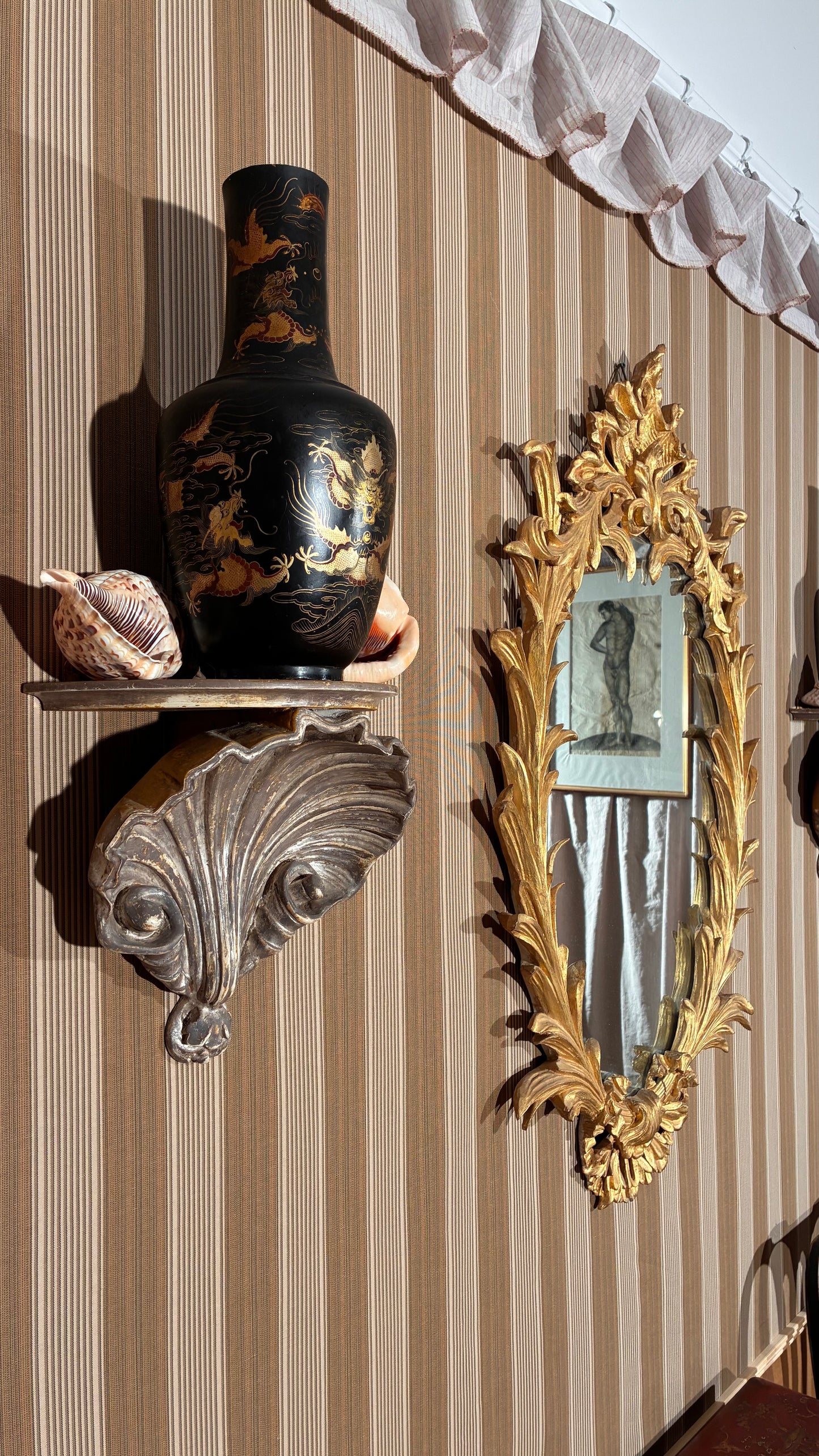 pair 19th century Chinese export black lacquer vases, pair regency style silvered scallop wall brackets