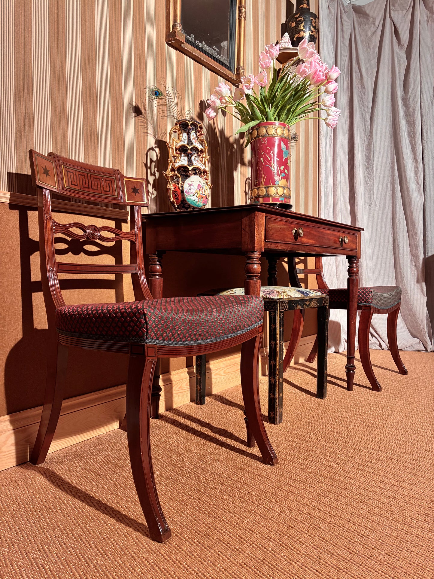 antique 19th century english regency side table earls spencer gillows, pair 19th century regency klismos chairs gillows 