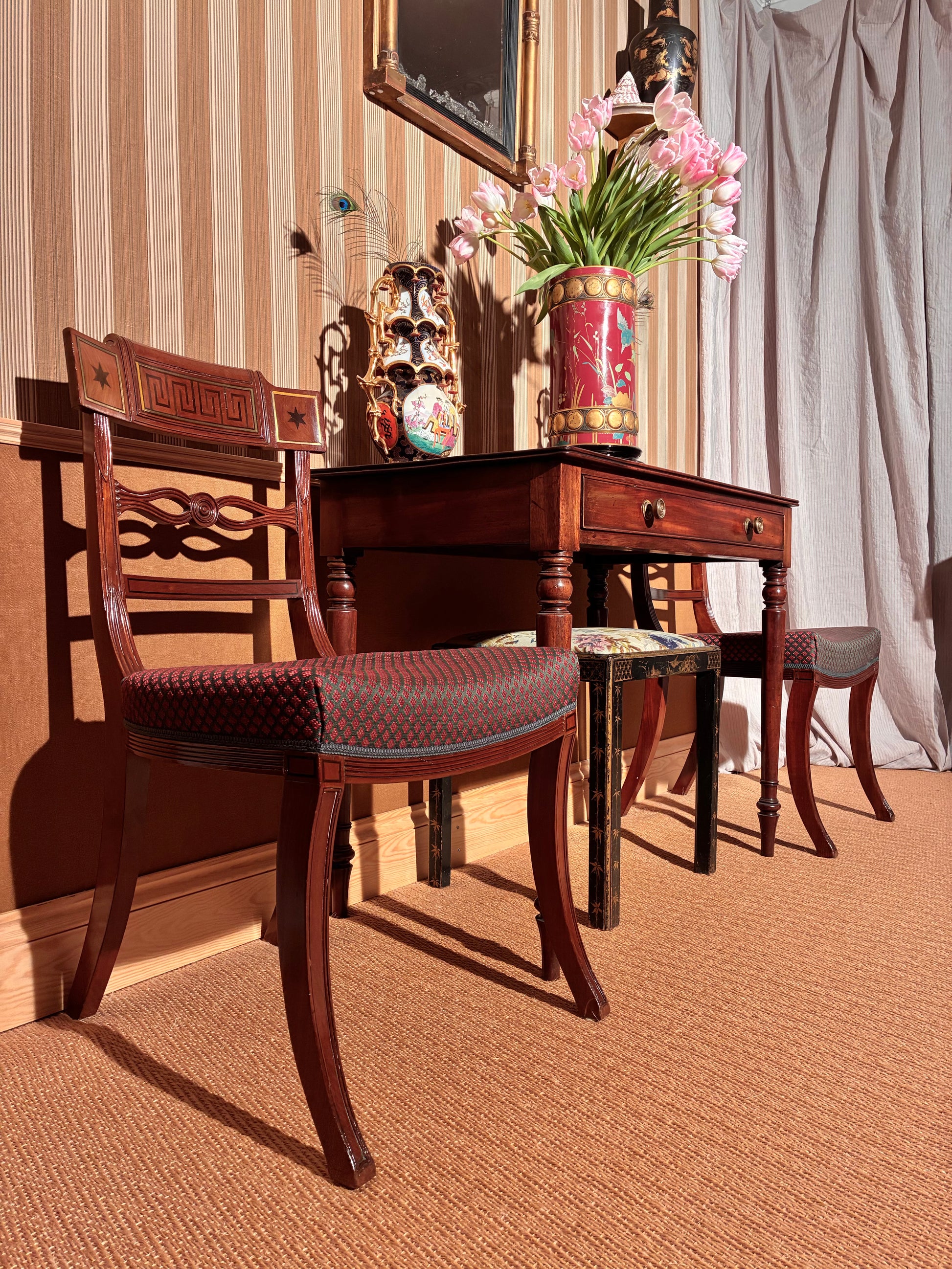 antique 19th century english regency side table earls spencer gillows, pair 19th century regency klismos chairs gillows 