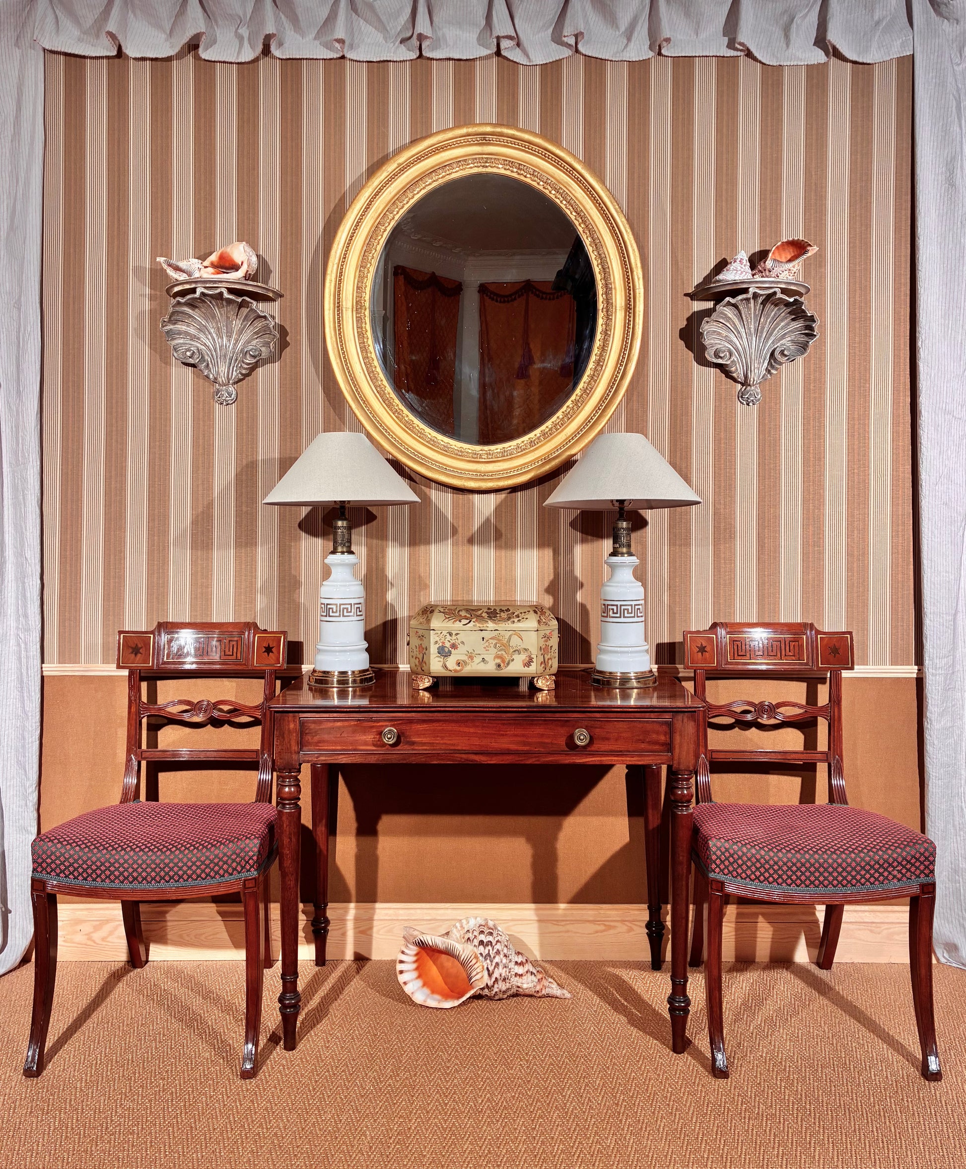 antique 19th century english regency side table earls spencer gillows, pair 19th century regency klismos chairs gillows, pair of opaline glass table lamps greek key