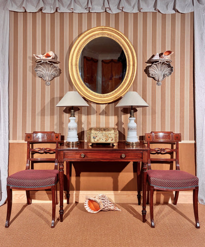 antique 19th century english regency side table earls spencer gillows, pair 19th century regency klismos chairs gillows, pair of opaline glass table lamps greek key