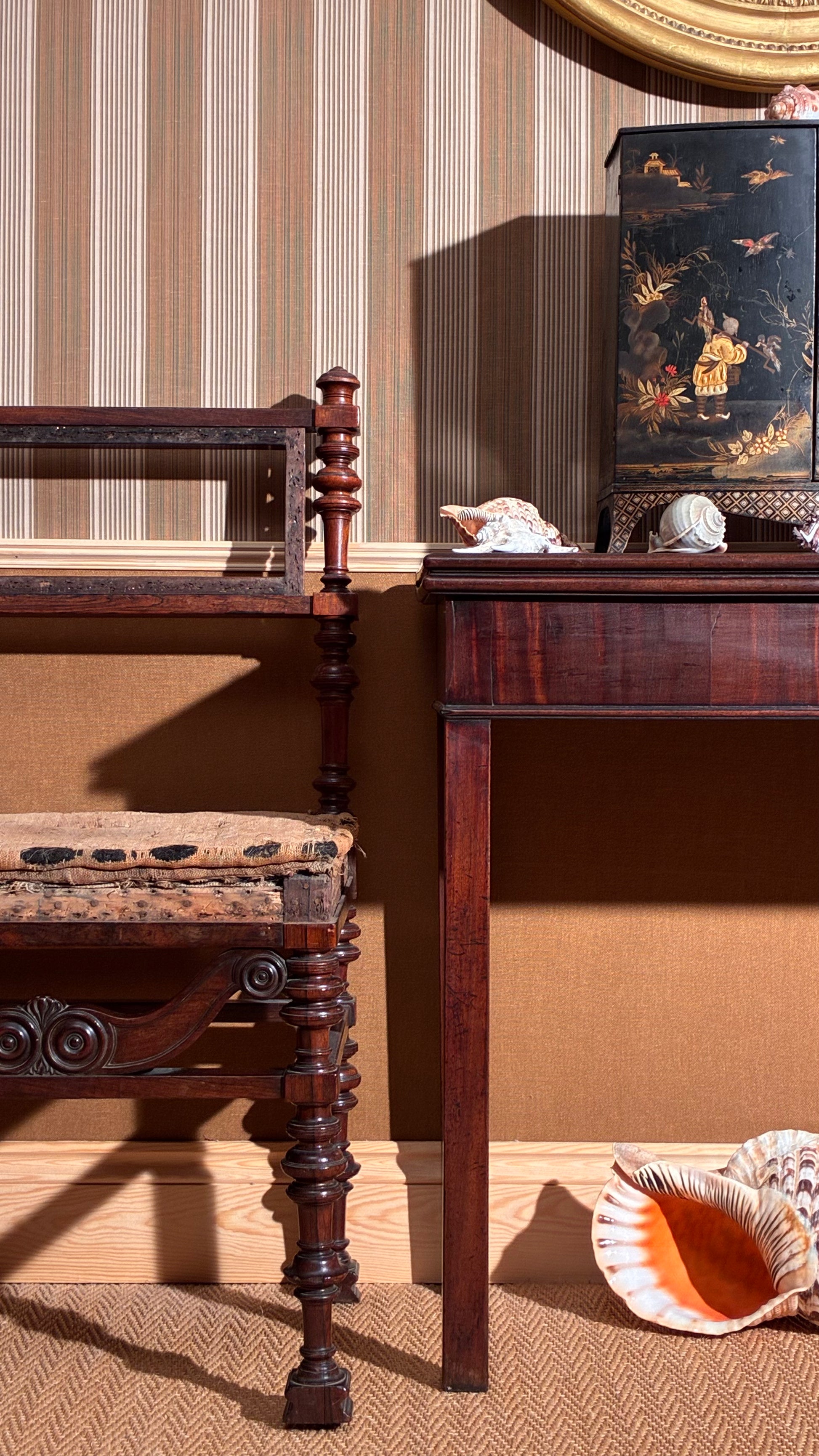 antique 18th century English Georgian side table, 19th century Regency miniature chinoiserie cabinet