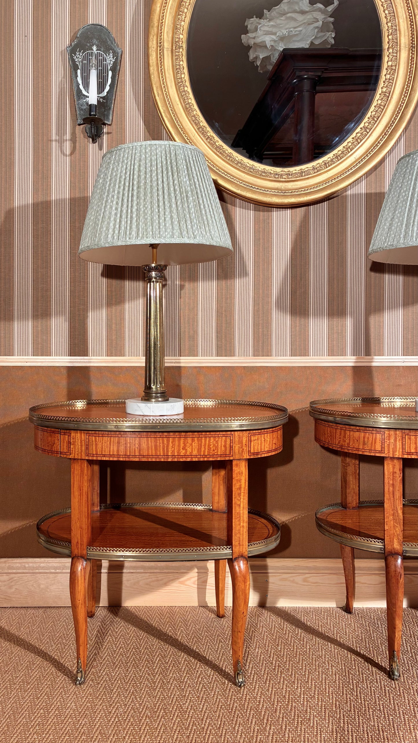 pair of antique gilt brass column lamps, pair 19th century french satinwood oval lamp tables etageres 