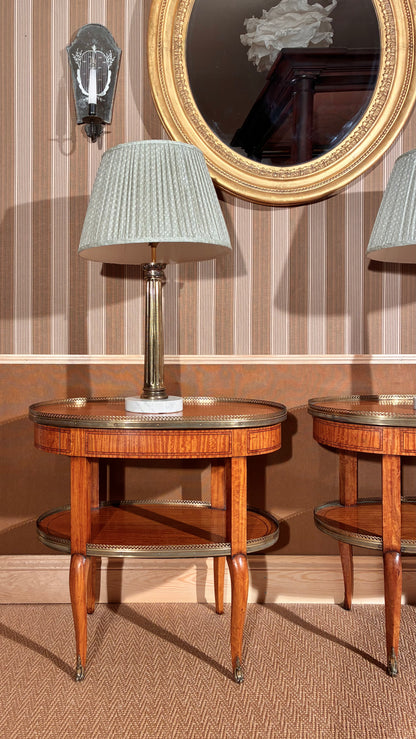 pair of antique gilt brass column lamps, pair 19th century french satinwood oval lamp tables etageres 