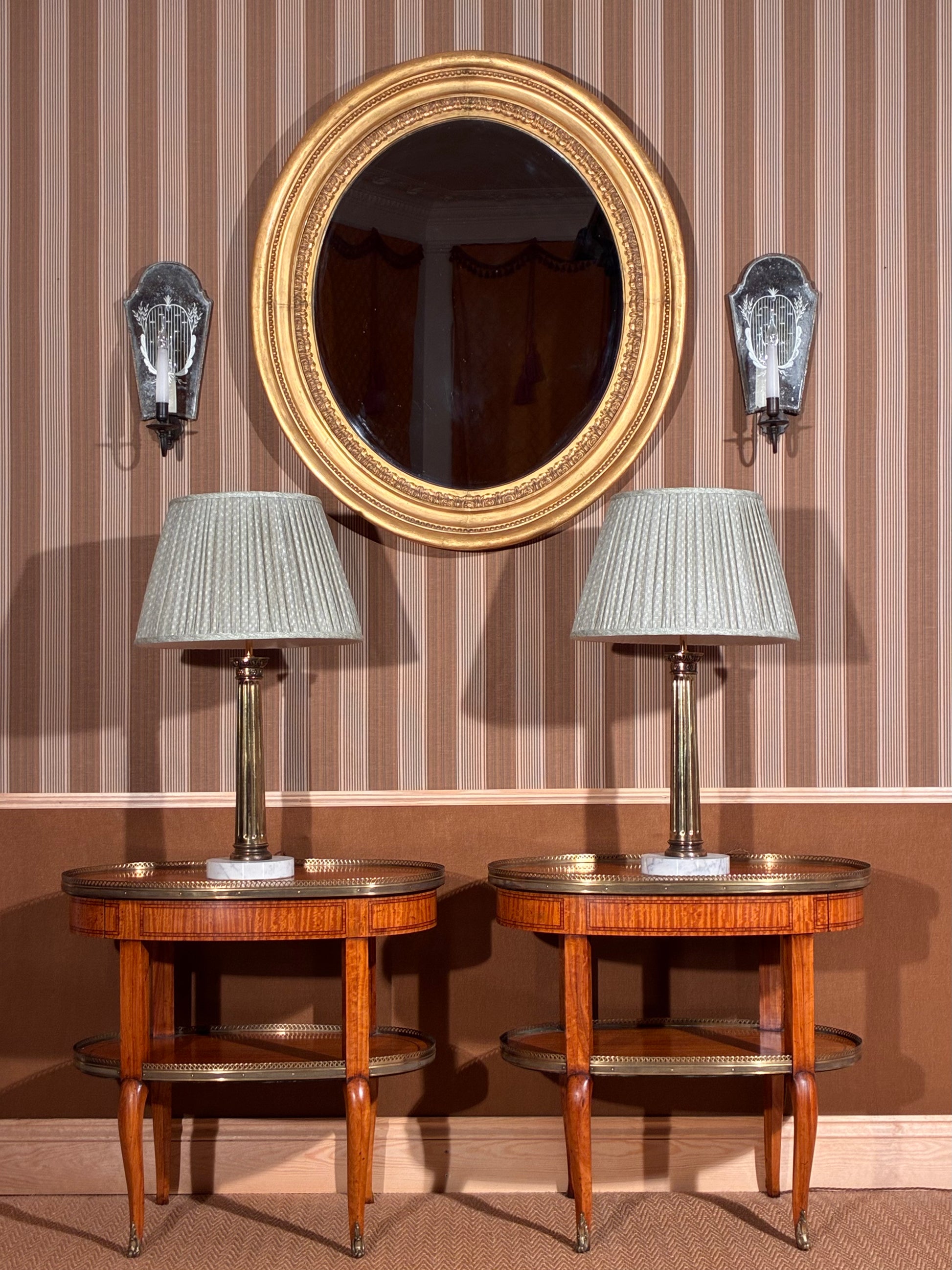 antique pair of venetian wall lights mirror sconces pair of antique gilt brass column lamps, pair 19th century french satinwood oval lamp tables etageres, regency oval giltwood mirror 