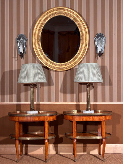 antique pair of venetian wall lights mirror sconces pair of antique gilt brass column lamps, pair 19th century french satinwood oval lamp tables etageres, regency oval giltwood mirror 