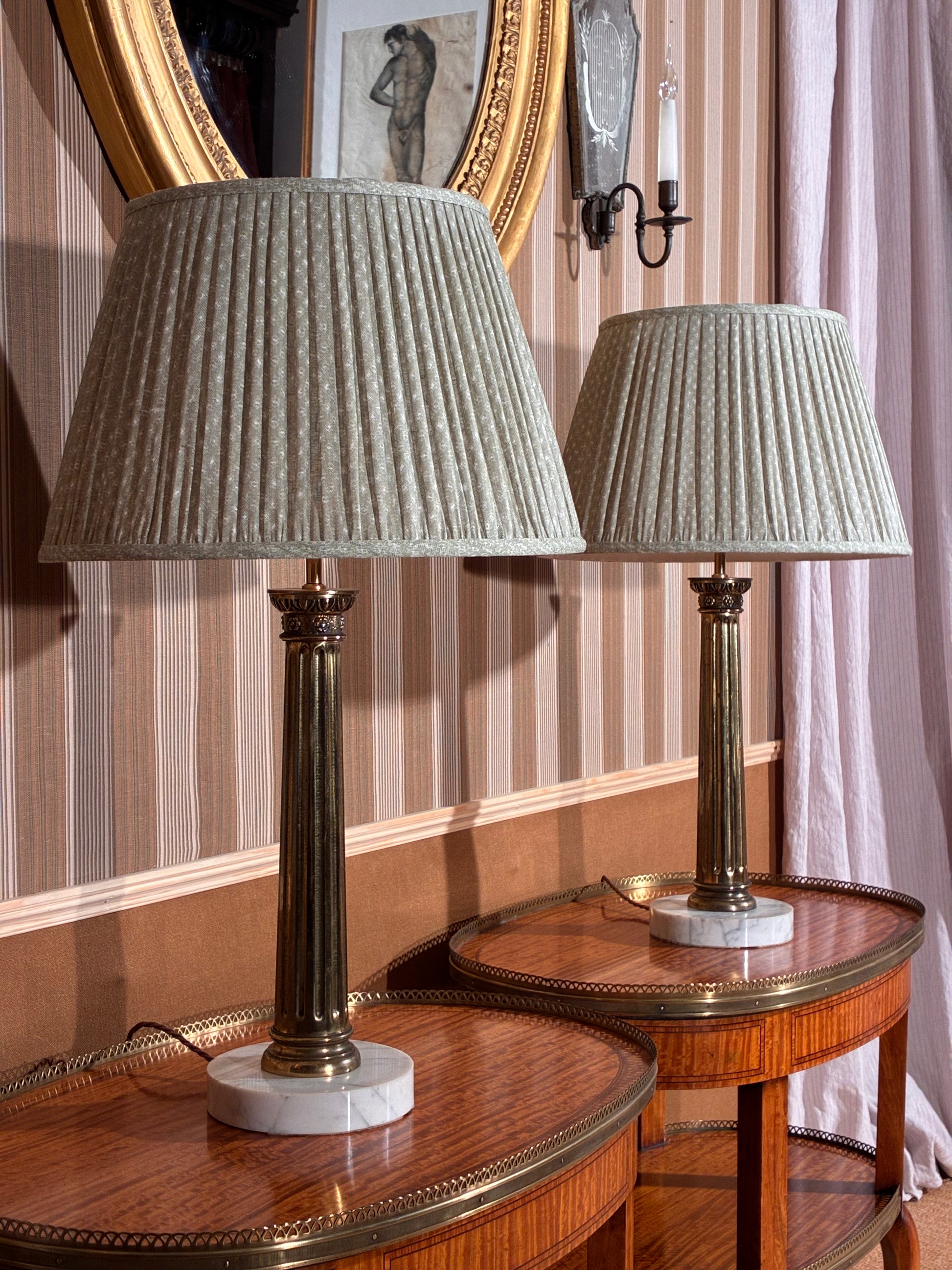 pair of antique gilt brass column lamps, pair 19th century french satinwood oval lamp tables etageres 