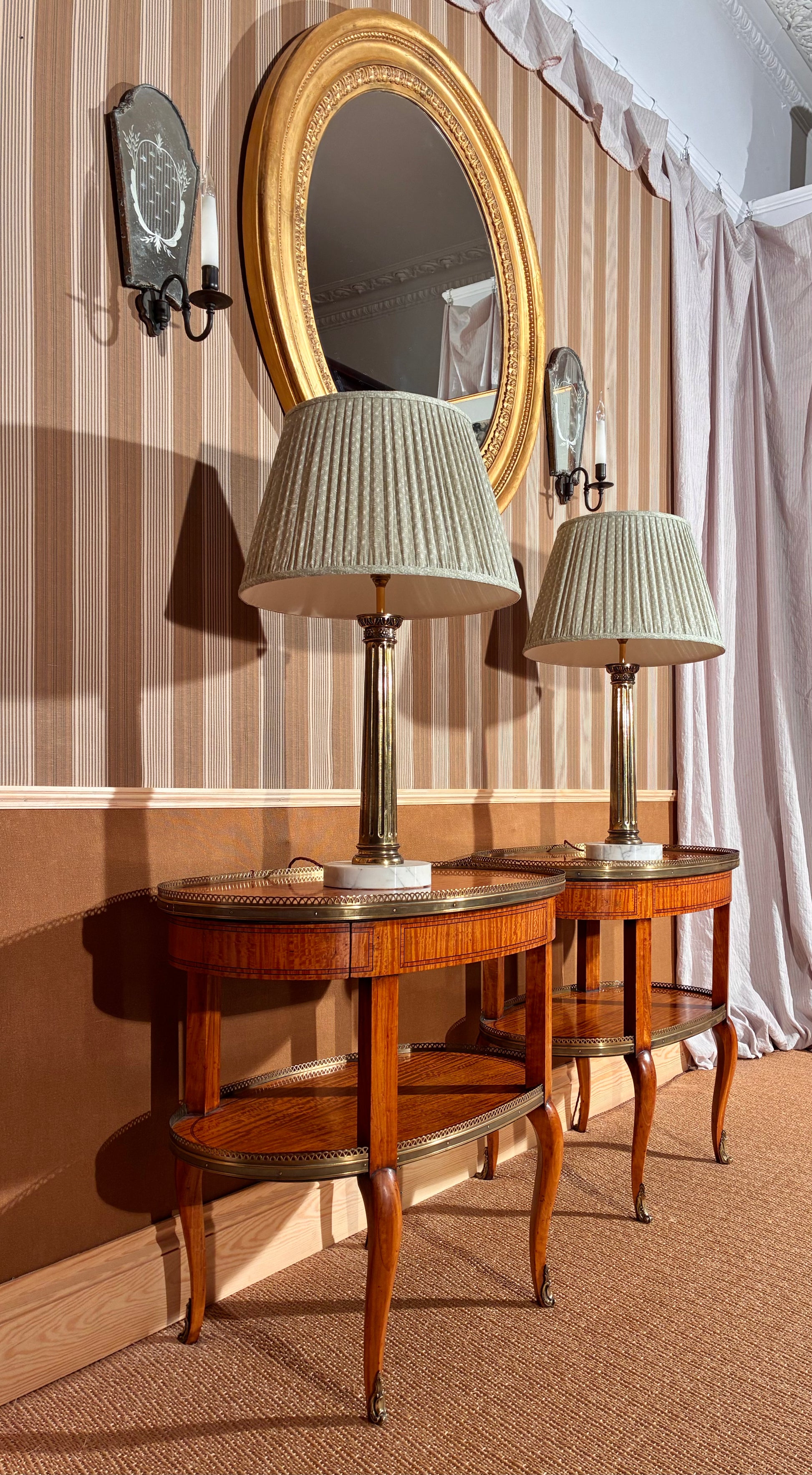 pair of antique gilt brass column lamps, pair 19th century french satinwood oval lamp tables etageres 