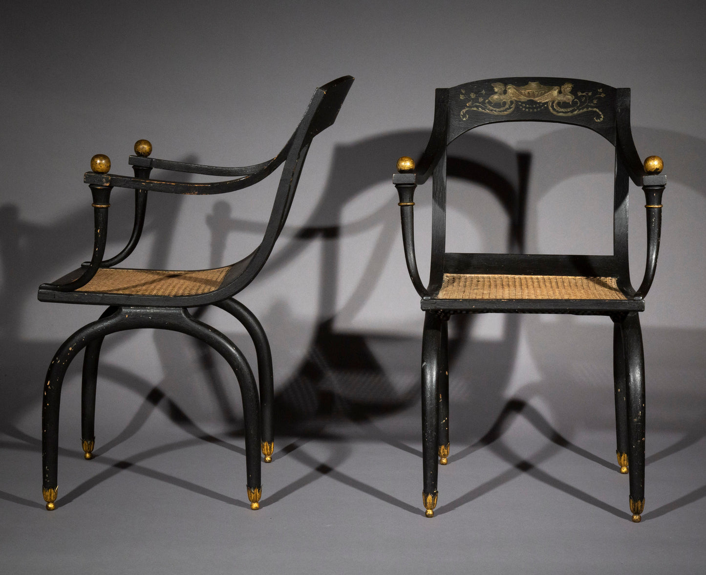 Madeleine Castaing: Pair of Antique Curule Armchairs, after Chapuis