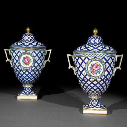 Pair of Neoclassical Hand-Painted Porcelain Vases or Urns