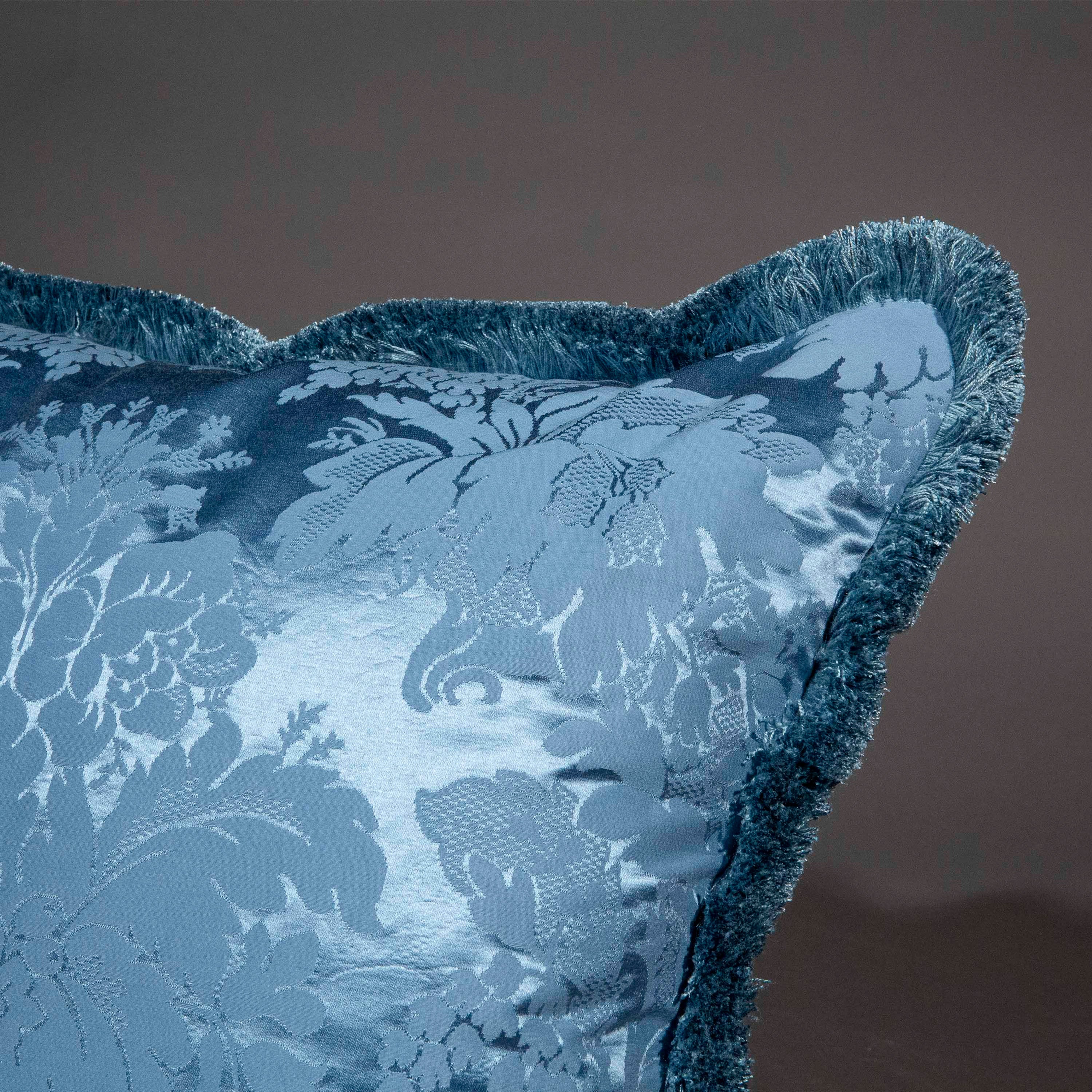 Fringed Blue Silk Damask Cushion Peacock s Finest