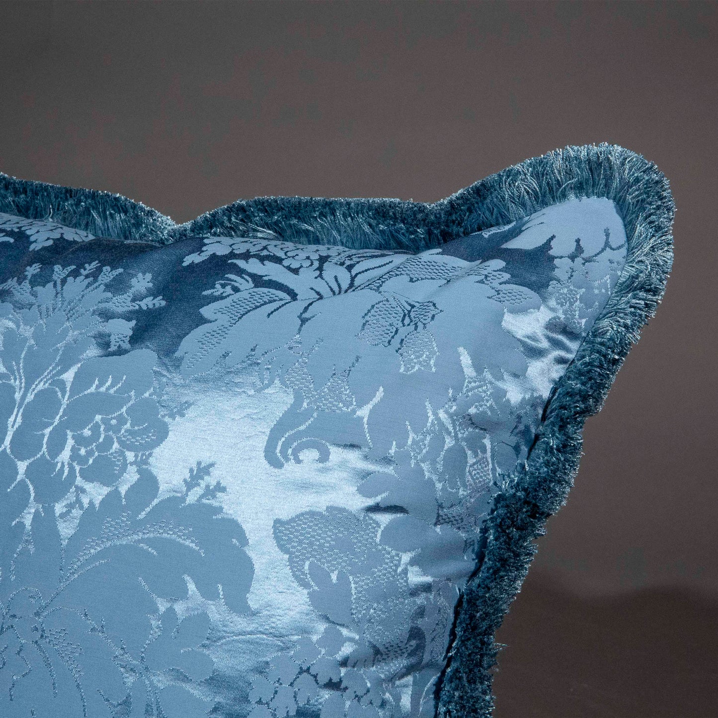 Fringed Blue Silk Damask Cushion