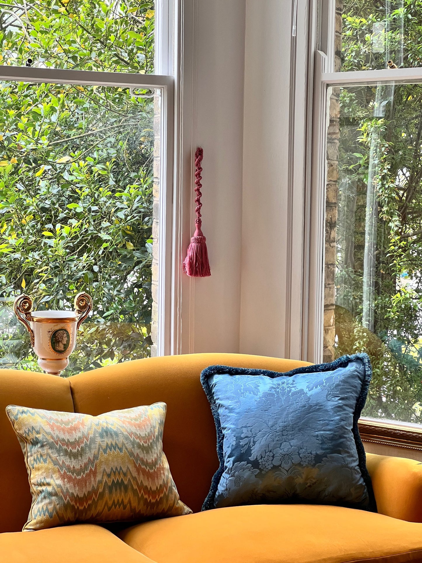 Fringed Blue Silk Damask Cushion