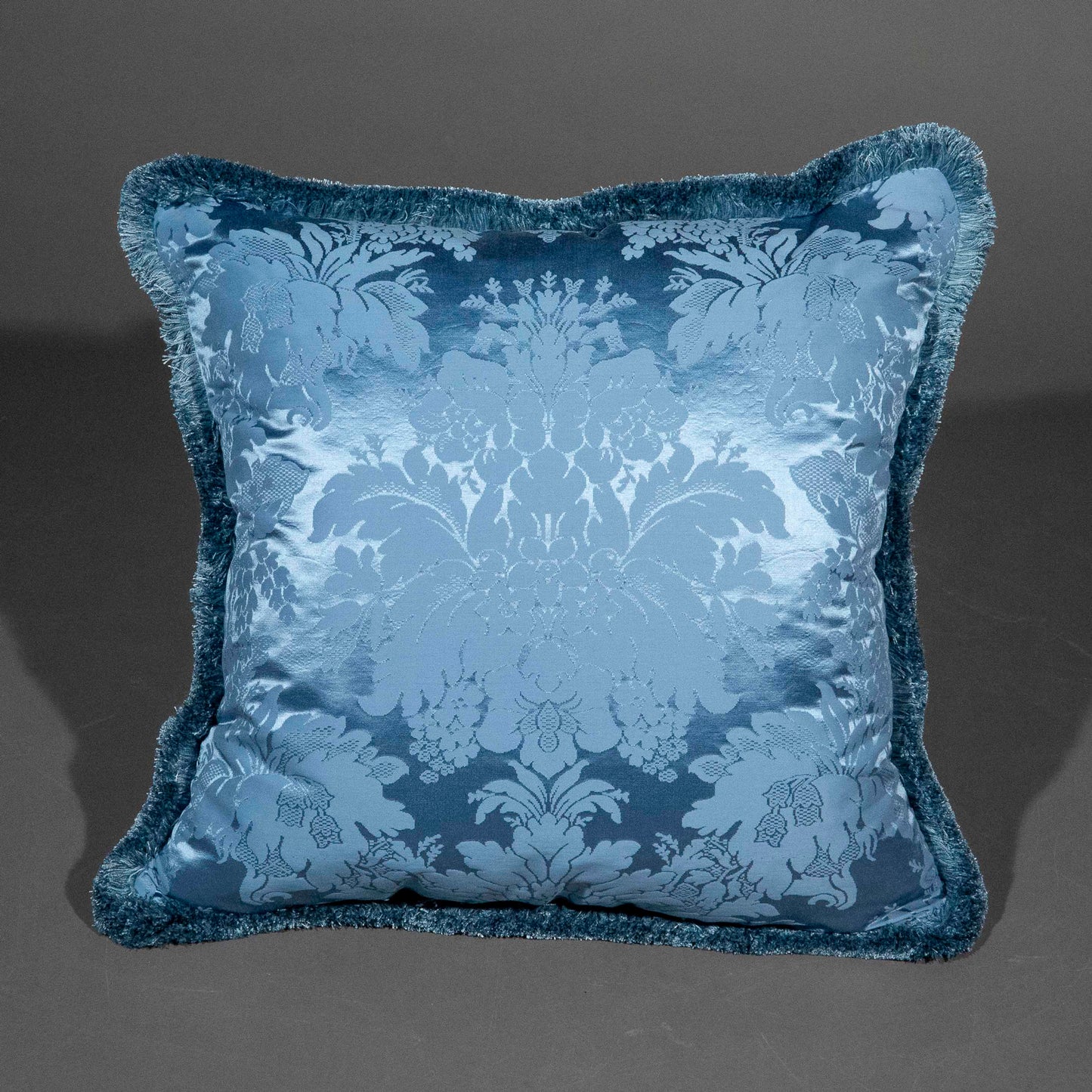 Fringed Blue Silk Damask Cushion