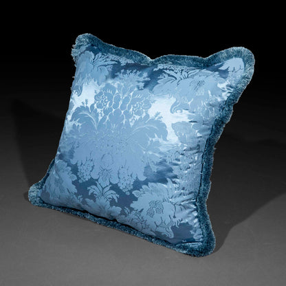 Fringed Blue Silk Damask Cushion