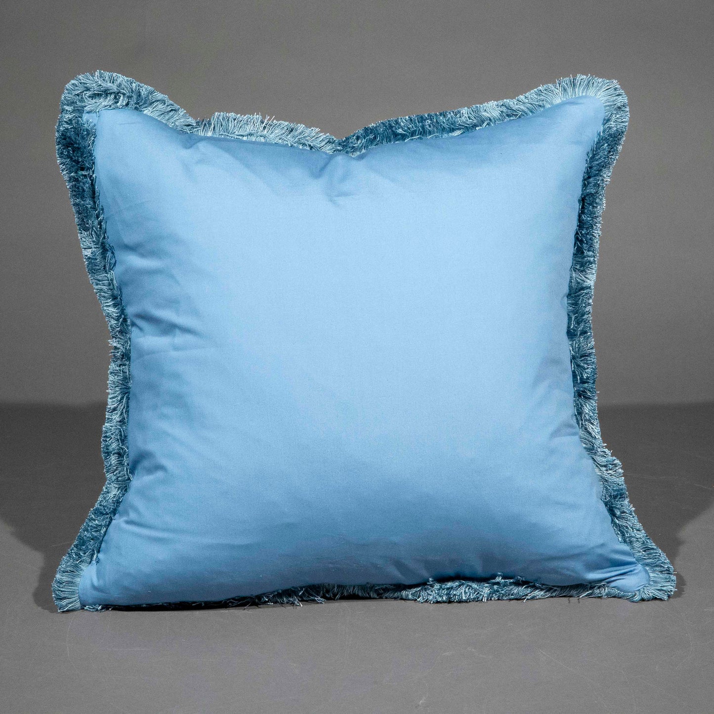 Fringed Blue Silk Damask Cushion