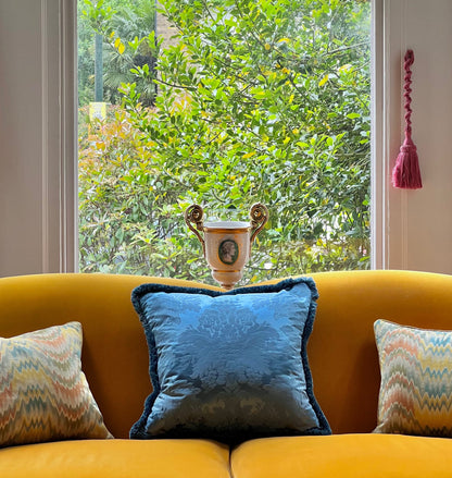 Fringed Blue Silk Damask Cushion